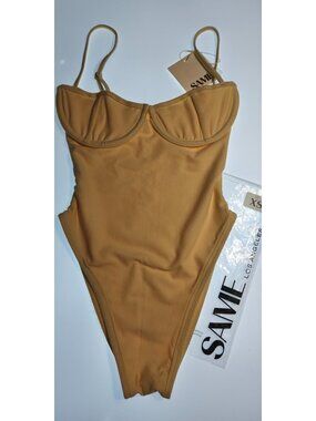 SAME Los Angeles One Piece Swimsuit XS Faux Suede Underwire Beige NWT